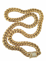 14K Gold GP Stainless Steel Cuban Link Chain CZ Iced Clasp Lock 12mm 22&quot; 24&quot; 26&quot; - £15.82 GBP+