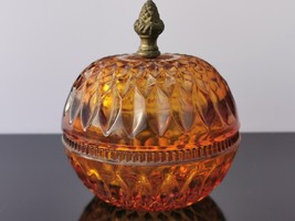 Vintage Amber Indiana Glass Candy Bowl Lidded with Brass Acorn Handle - $27.69