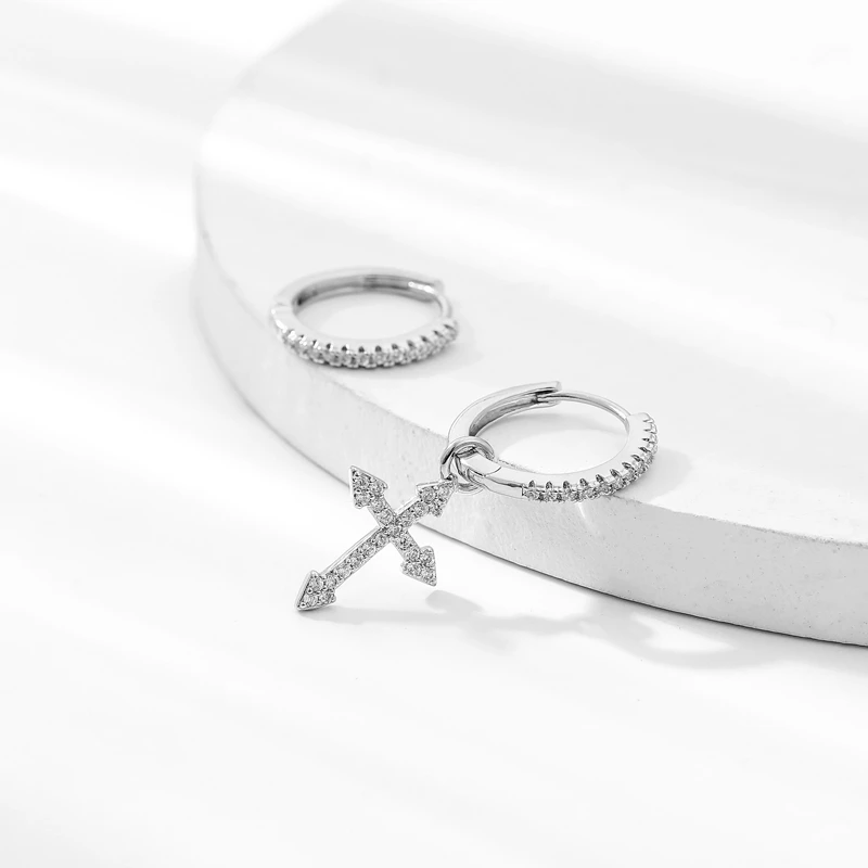 New Fashion Mini Zircon Cross Drop Pendant Hoop Earrings Hip Hop Asymmetric Dang - £10.93 GBP