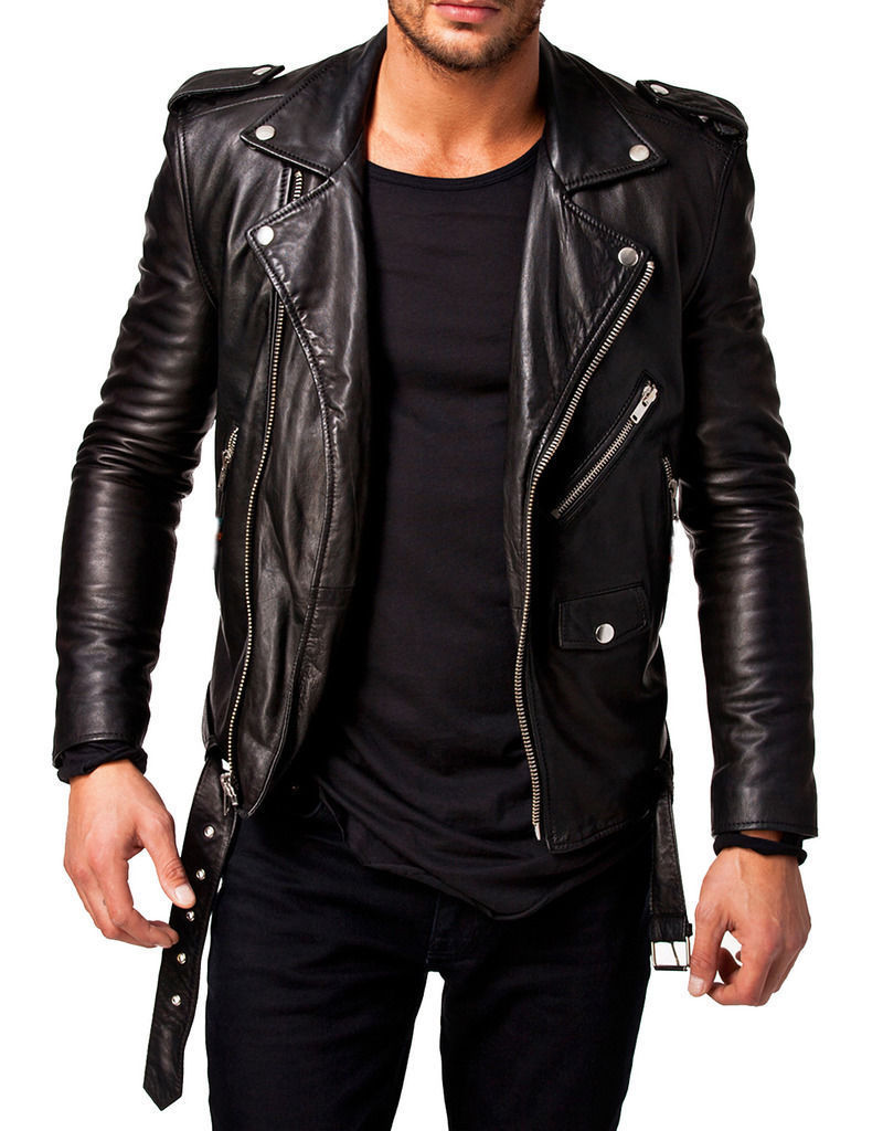 Men's New Motorcycle Leather Cool Black Genuine Lambskin Biker Jacket MJ37