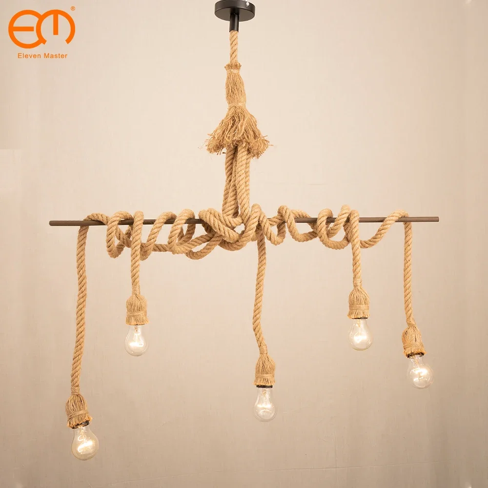 1 2 3 4 5 head vintage hemp rope pendant light retro loft industrial hanging lamp thumb200