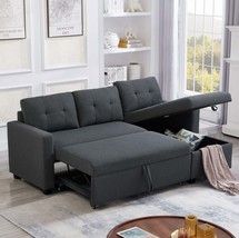 Upholstered Pull-Out Sectional Sofa w/ Storage Chaise - Dark Grey - £289.16 GBP