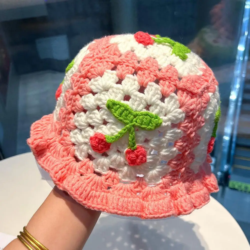 Knitted Bucket Hat Kawaii Cherry Bucket Hat Handmade Cherry Crochet Bucket Hats - £12.31 GBP