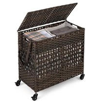 Brown PE Wicker Rattan 2 Section Rolling Laundry Hamper with Removeable Bags - £136.61 GBP