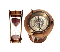 Nautical Brass Sand Timer Hourglass with Maritime Brass Compass Table Decor - £23.33 GBP