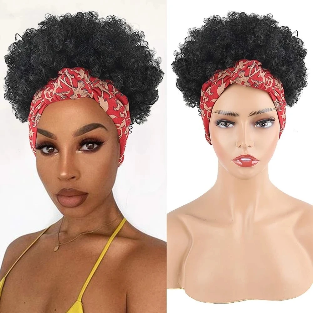 Headband Wig Scarf Wig Short Afro Kinky Curly Wig Short Black Wigs Synthet - £22.20 GBP