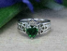 3.0Ct Heart Cut Green Emerald Lab-Created Engagement Ring 14K White Gold Plated - £101.90 GBP