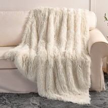 Cream White Faux Fur Throw Blanket,2 Layers,50&quot; x 60&quot; Cozy Plush Fluffy Blanket - £31.16 GBP