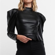 Express Black Faux Leather Mock Neck Puff Sleeve Peplum Top Size Small NEW - $34.79