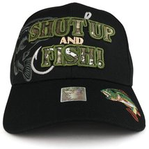 Shut Up and Fish with Bass and Hook Embroidered Structured Baseball Cap - Black - £13.62 GBP