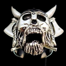 Huge Sterling silver Skull ring Bearded Viking with Horned Helmet on crossed Bat - £100.40 GBP