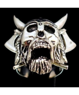 Huge Sterling silver Skull ring Bearded Viking with Horned Helmet on cro... - £97.89 GBP