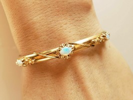 Gold Plated 925 Silver Simulated  Fire Opal Floral Beaded Bangle Bracelet 3.50Ct - £174.23 GBP