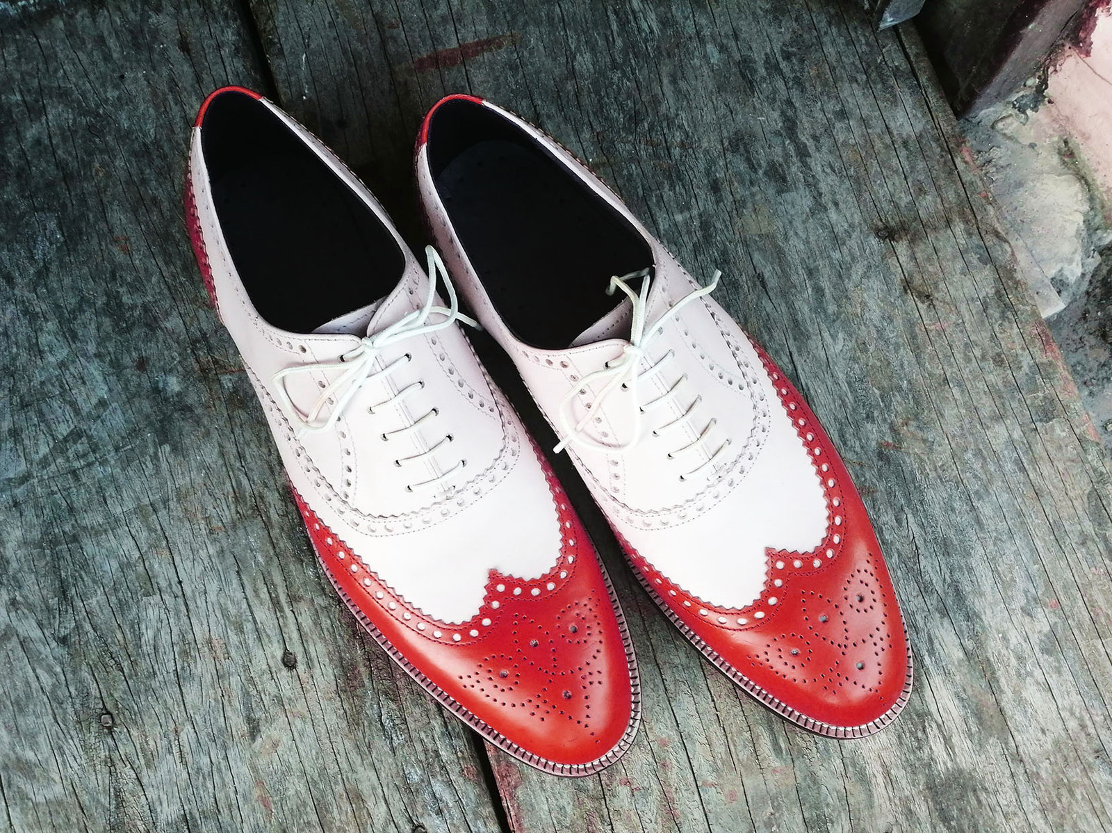 Red White Cont Oxford Shoes Men's Premium Quality Leather Brogue Toe Handmade