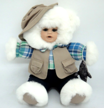 White Plush Fisherman Doll with Porcelain Face Fishing Vest Hat Holds a Fish 16&quot; - £15.02 GBP