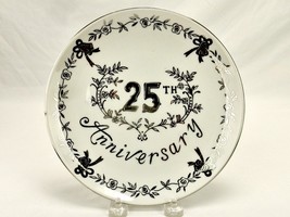 25th Anniversary Hanging Wall Plate, White Porcelain, Silver Paint, Enesco - $19.55