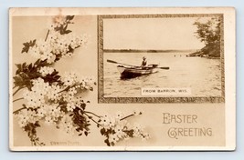 RPPC Canoe on Lake Easter Greeting From Barron Wisconsin WI 1910 Postcard N6 - £6.97 GBP
