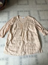 Peach J JILL Love Linen V Neck T Shirt Tunic pleated front 3/4 sleeve EUC - £32.08 GBP