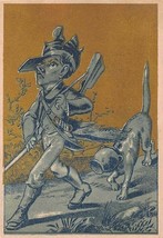 Victorian Trade Card Gold &amp; Blue Comical Man hunting Pot stuck on dog head - £7.51 GBP