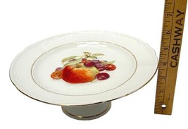 JKW Widgeon Cake Plate Pedestal 10 in Fruit Gold Rim Porcelain W Germany 1970s - $48.46