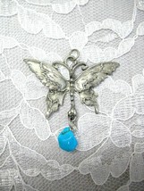 Pewter Engraved Butterfly &amp; Blue Turquoise Gem Dangling Nugget Pendant Necklace - £25.57 GBP