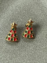 Small Red &amp; Green Enamel Goldtone Christmas Tree Holiday Post Earrings for Pierc - £8.88 GBP