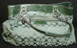 Coach logo Forest Green Purse Shoulder Tote Bag Silver Hardware Canvas Leather - £219.10 GBP