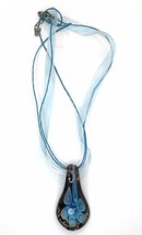 Brown &amp; Blue Art Glass Blossom Pendant Necklace Light Blue Ribbon Cord 16&quot; - £11.01 GBP