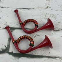Red Metal French Horns Lot Of 2 Christmas Deco Holiday String Wrapped Handle - £7.75 GBP