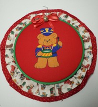Handmade Christmas Red Quilted Hoop Wall Art with Teddy Bear Vintage - $10.08