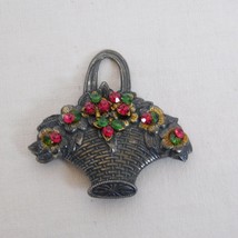 Basket Shaped Pin Brooch Dark Silver Tone Flowers Leaves Red Green Rhinestones - £30.93 GBP