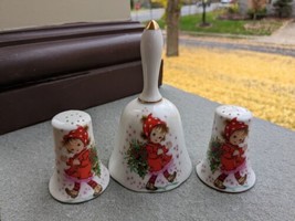 3 PC Vintage Lefton  Christmas  Bell + shakers girl  Holy Berries Hand Painted - £15.92 GBP