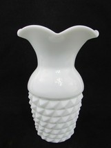 VINTAGE WHITE MILK GLASS ENGLISH HOBNAIL VASE FLUTED TOP 7 1/2&quot; TALL  - £27.16 GBP