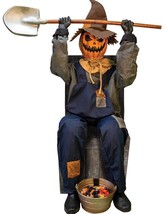 Halloween Pumpkin Scarecrow Greeter With Chair Animated Creepy Candy Holder Prop - £264.42 GBP