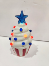 Patriotic LED Ceramic Cupcake Red White Blue Star July 4th  Memorial Fig... - $15.99
