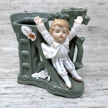 Vtg Little Boy On A Slide Porcelain Spill Vase Green White Gold Grannycore Japan - £10.85 GBP