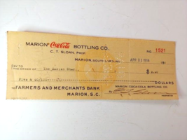 1914 Coca Cola Marion South Carolina Bottling Co Check Coke VG+ - $29.65