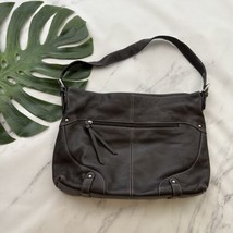 Tignanello Leather Shoulder Bag Purse Dark Brown Silver Details Slouch - £27.37 GBP