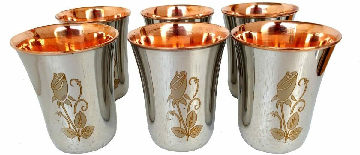 Copper Tumbler Outer Stainless steel Flower Printed Steel Copper Luxary set of 6 - $33.65