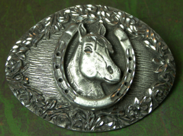 Western Horse Belt Buckle Head in Horseshoe Flower Border Silver-tone Metal - £15.21 GBP