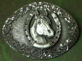 Western Horse Belt Buckle Head in Horseshoe Flower Border Silver-tone Metal - £10.83 GBP