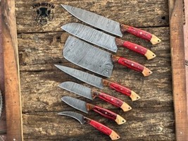 7 Pieces Hand Forged Damascus Steel Chef Knife Kitchen Knives Set W/wood Handle - £90.22 GBP