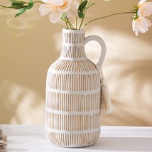 Mowtanco Farmhouse Vase With Handle And Tassel, Grey Yellow Vertical Stripes - £27.16 GBP