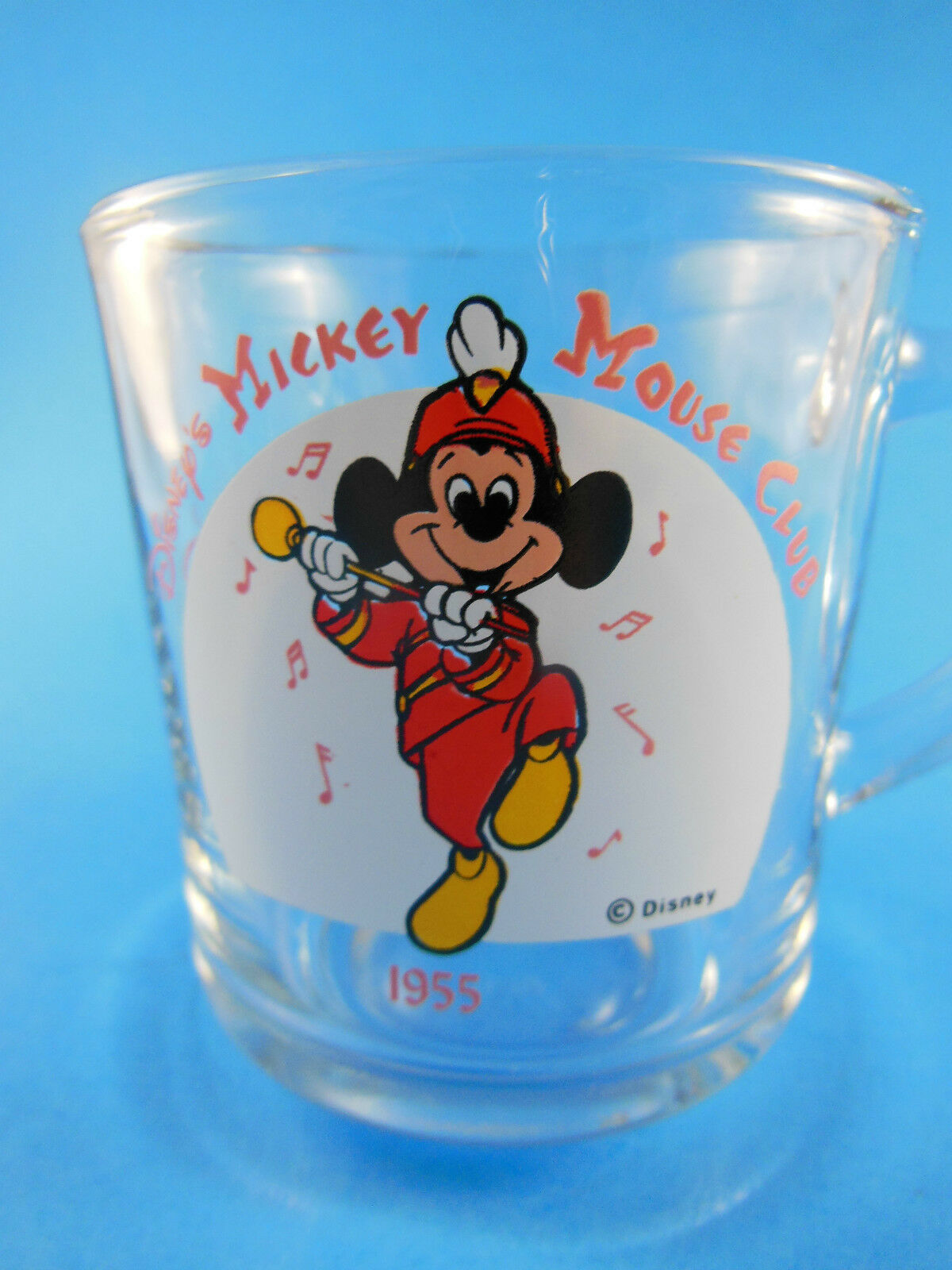 Disney Mickey Mouse 1955 with Mickey Marching Clear Glass Mug Cup USA Vintage - $7.42