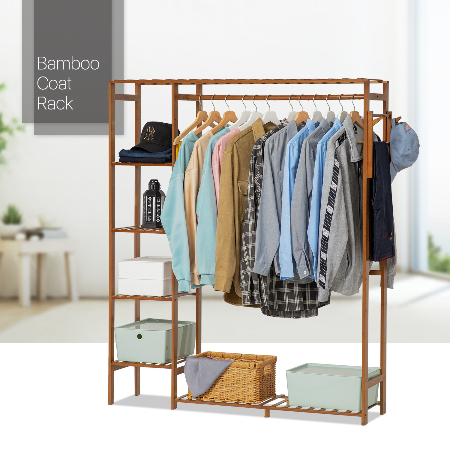 48"Brown Bamboo [Oversize Hanging Rod+Pants Rack] Clothes Organizer W/Coat Hooks
