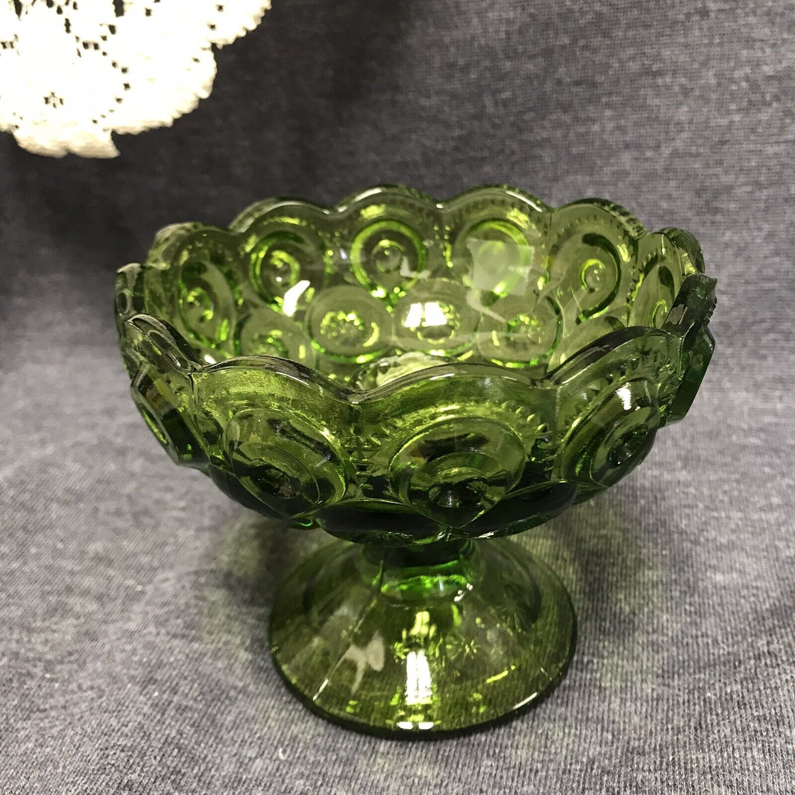 Primary image for Vintage LE Smith Emerald Green Glass Moon & Stars Compote- Taper Candle Holder