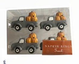 Farm Truck Pumpkins Thanksgiving Set of 4 Napkin Rings Wooden Country Cabin - £30.41 GBP