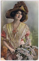 Postcard Lady Flowers Big Hat Glossy Gold Trim - $4.94