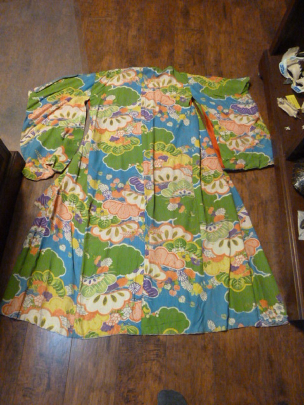 CL-KIM-7 Pre WWII vintage long multicolor pink blue floral design Kimono Medium Item image 6