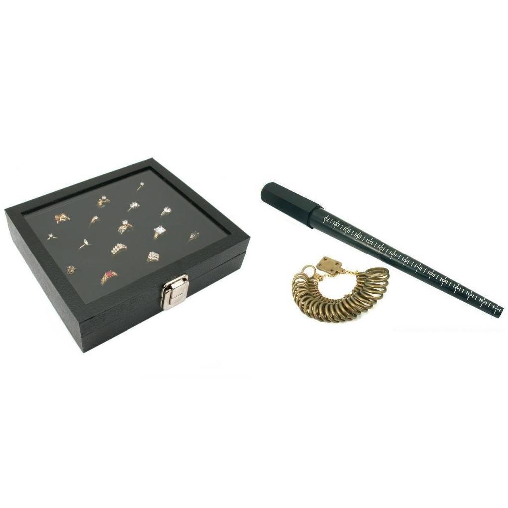 Primary image for Glass Lid Jewelry Case w/ Ring Insert & Ring Mandrel w/ Finger Gauge Kit 4 Pcs